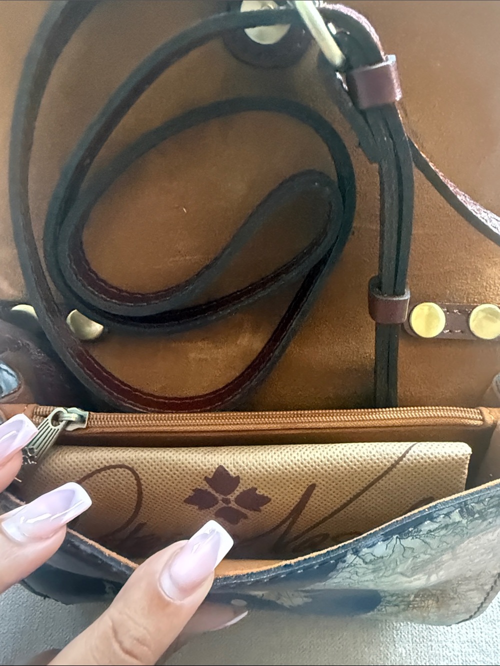 Patricia Nash Navy Map Print Leather Crossbody Wallet with Brown Strap - Picture 5 of 11